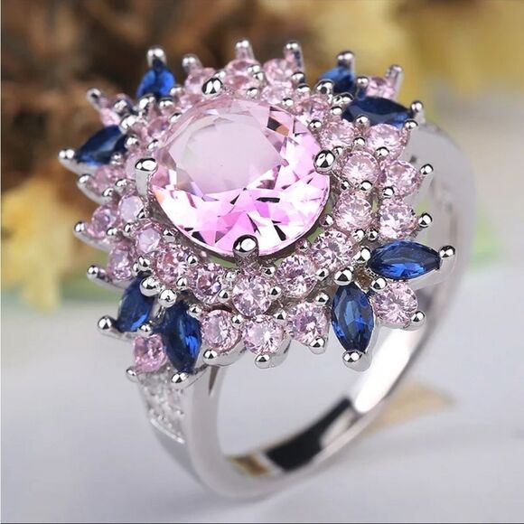 Pink Cubic Zirconia With Blue Zirconia  Ring GENUINE 925 Sterling Silver - Picture 3 of 5